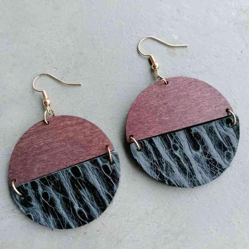 Earth-Friendly Leather & Wood Round Drop Earrings-MXSTUDIO.COM