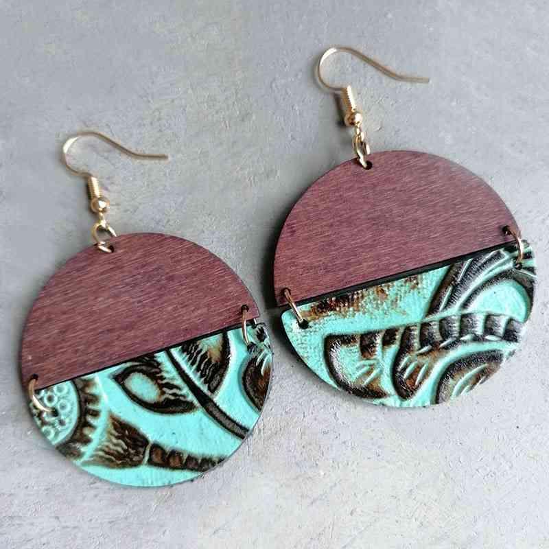 Earth-Friendly Leather & Wood Round Drop Earrings-MXSTUDIO.COM