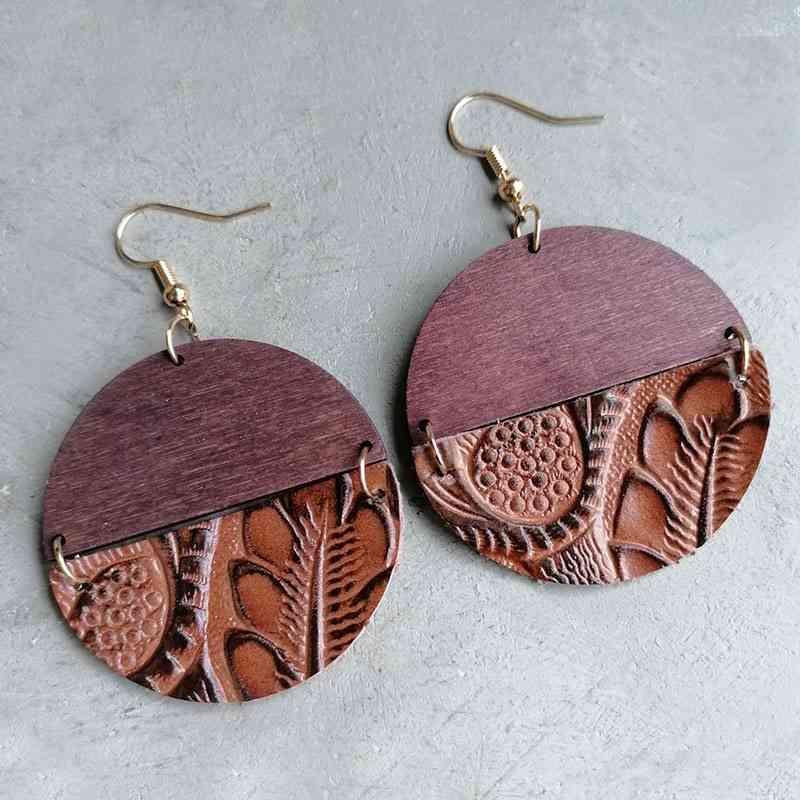 Earth-Friendly Leather & Wood Round Drop Earrings-MXSTUDIO.COM