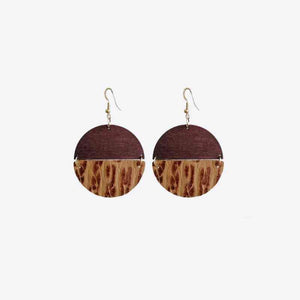 Earth-Friendly Leather & Wood Round Drop Earrings-MXSTUDIO.COM