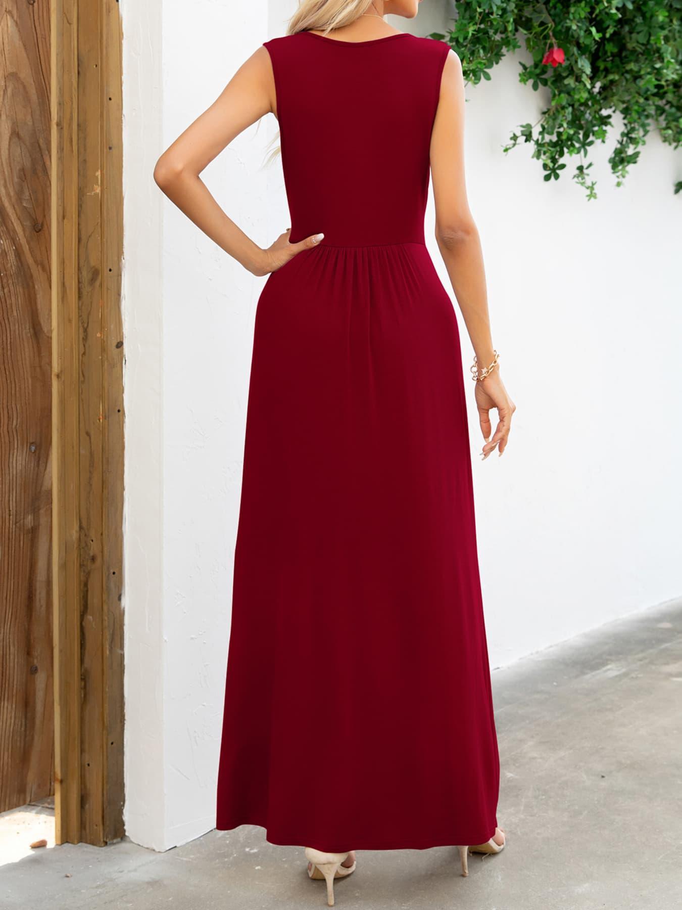 Maxi Dress LILBETTER Women's Sleeveless - Loose Fit, V-Neck, With Pockets - Wine Red, Medium Wine Red Maxi Dress Maxi Dress LILBETTER Women's Sleeveless - Loose Fit, V-Neck, With Pockets - Wine Red, Medium Wine Red Maxi Dress