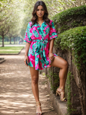 a woman in a pink and green dress leaning against a stone wall