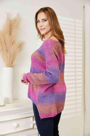 Ease And Warmth Rib-Knit V-Neck Knit Purple Sweater - MXSTUDIO.COM