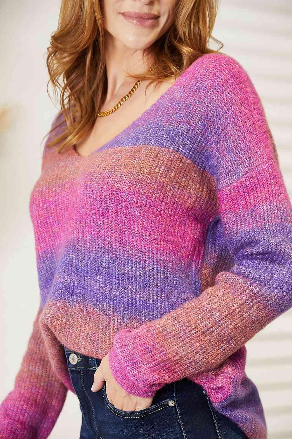 Ease And Warmth Rib-Knit V-Neck Knit Purple Sweater - MXSTUDIO.COM