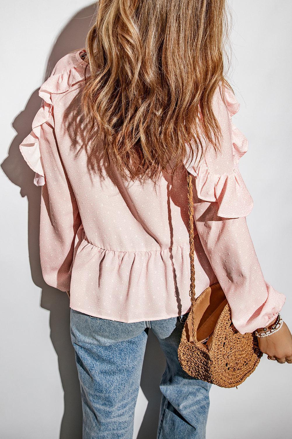 Easeful Ruffled Long Sleeve Peplum Blouse - MXSTUDIO.COM