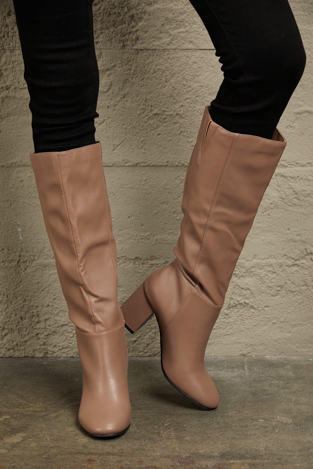 East Lion Mocha Block Heels Knee High Boots - MXSTUDIO.COM