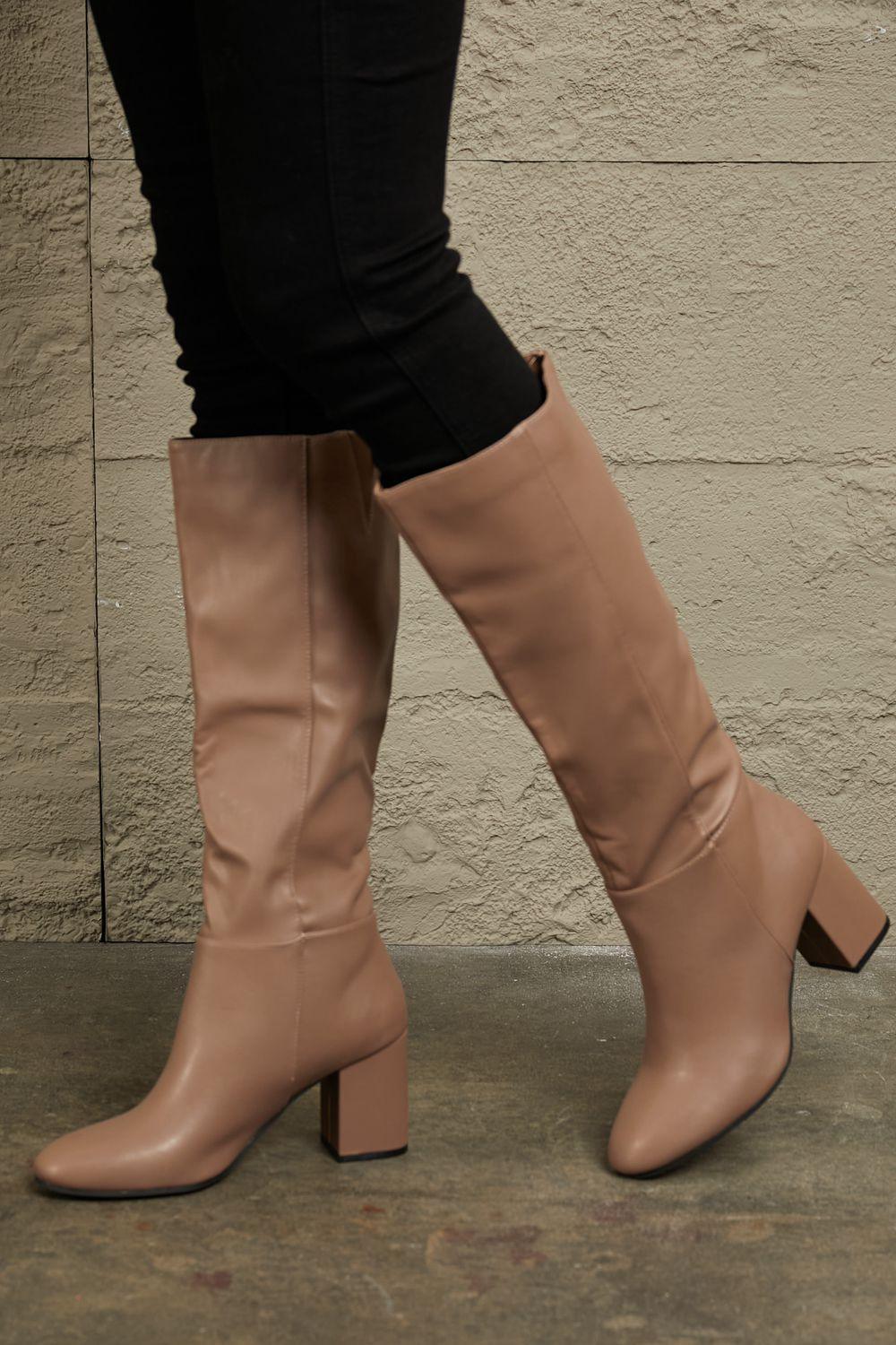 East Lion Mocha Block Heels Knee High Boots - MXSTUDIO.COM