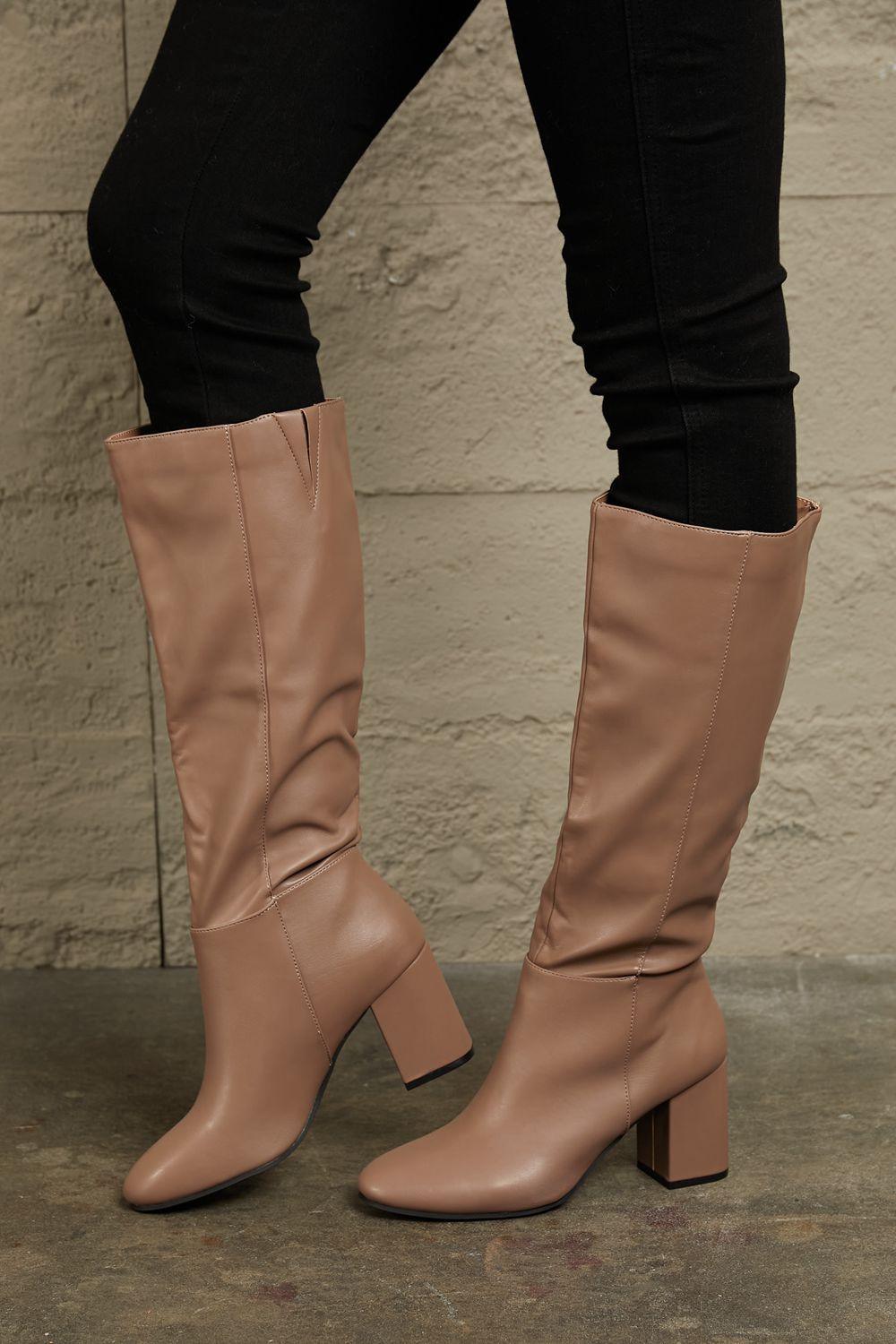 East Lion Mocha Block Heels Knee High Boots - MXSTUDIO.COM