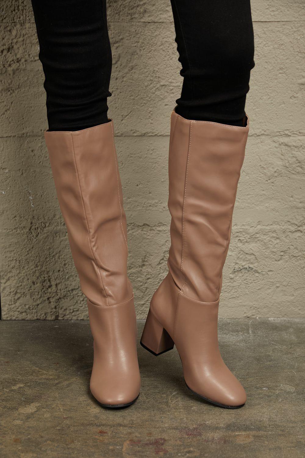 East Lion Mocha Block Heels Knee High Boots - MXSTUDIO.COM