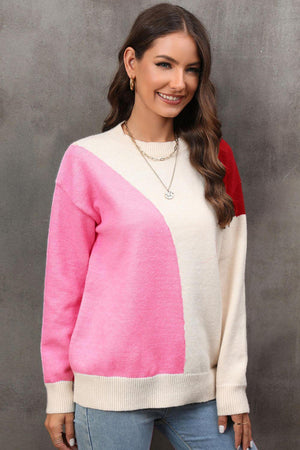 Easy All Day Crew Neck Color Block Sweater - MXSTUDIO.COM