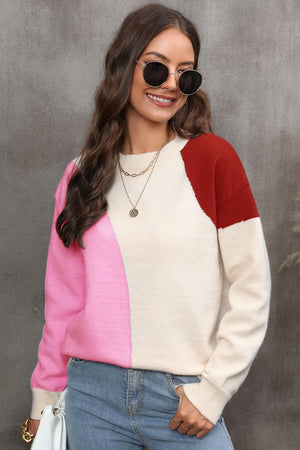 Easy All Day Crew Neck Color Block Sweater - MXSTUDIO.COM