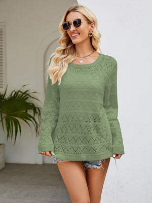 Easy And Secure Crew Neck Long Sleeve Knit Top - MXSTUDIO.COM