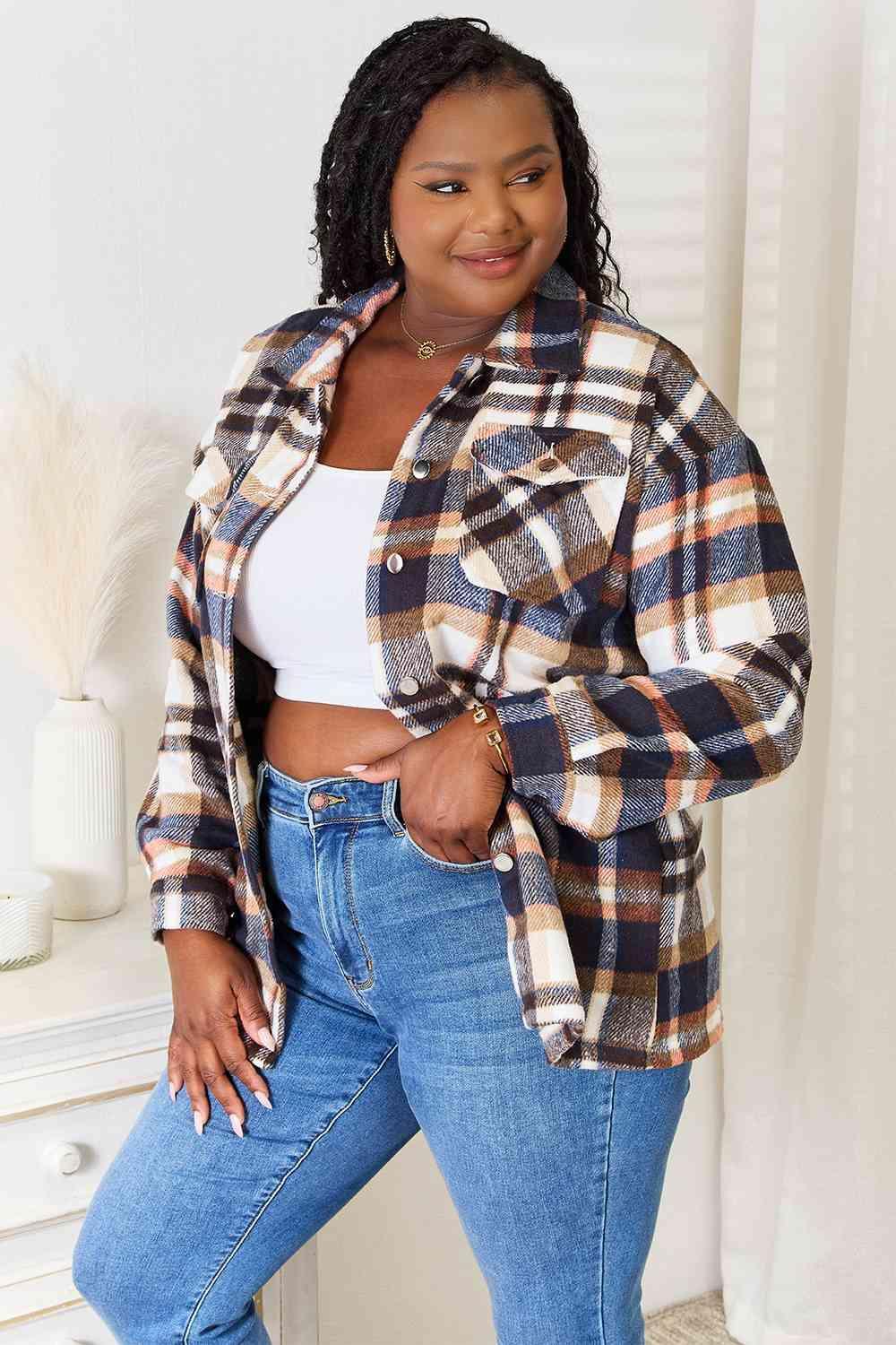 Easy Fit Plaid Button Front Plus Size Shirt Jacket - MXSTUDIO.COM