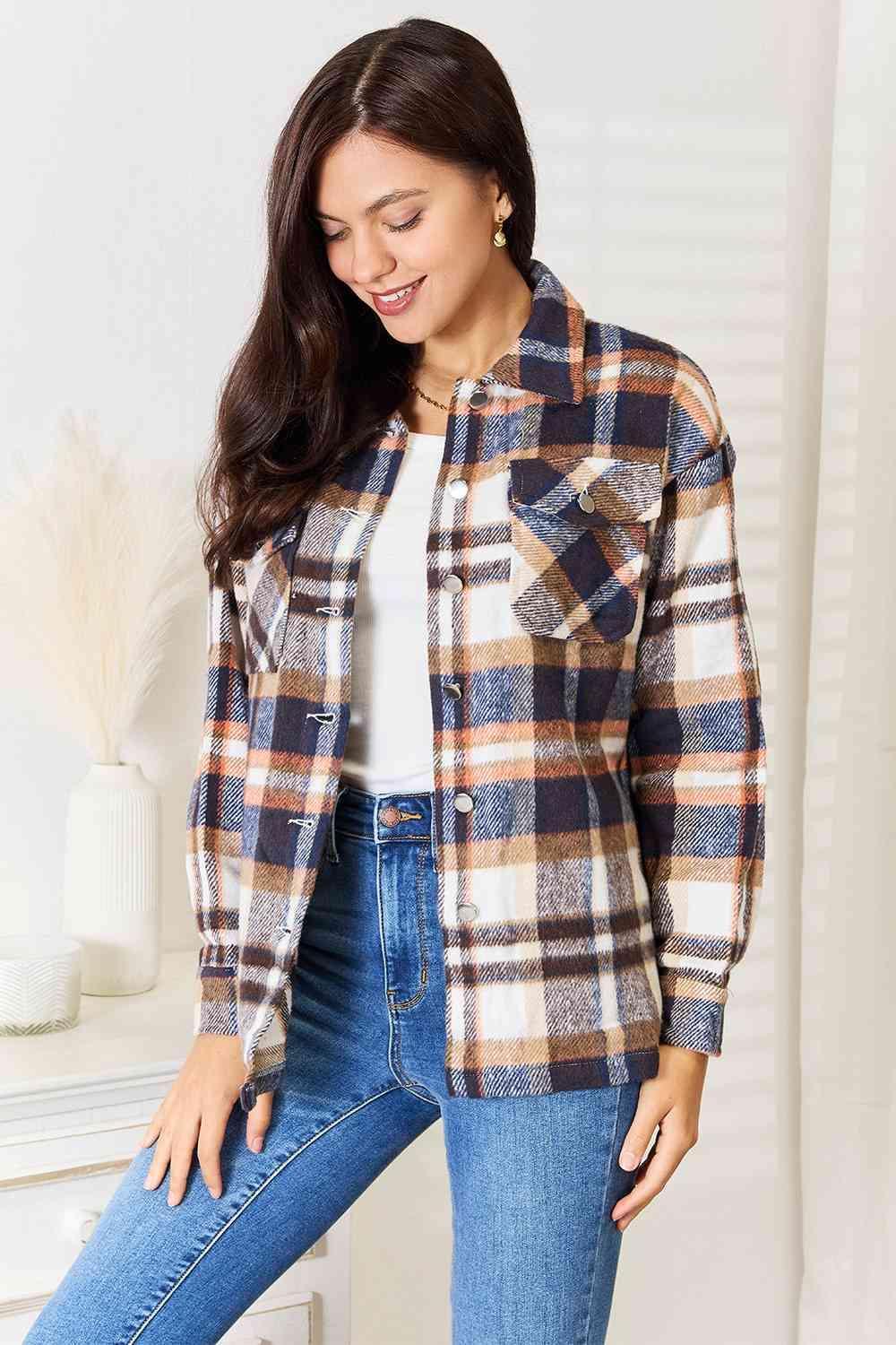 Easy Fit Plaid Button Front Plus Size Shirt Jacket - MXSTUDIO.COM