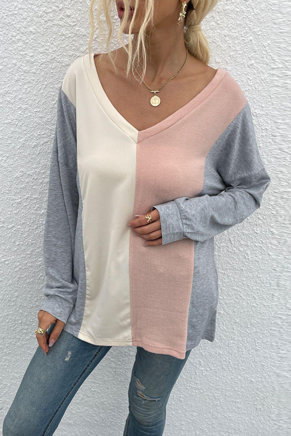 Easy V Neck Color Block Long Sleeve Top - MXSTUDIO.COM