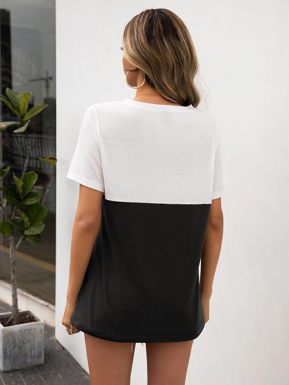 Easy V Neck Color Block Tee Shirt - MXSTUDIO.COM