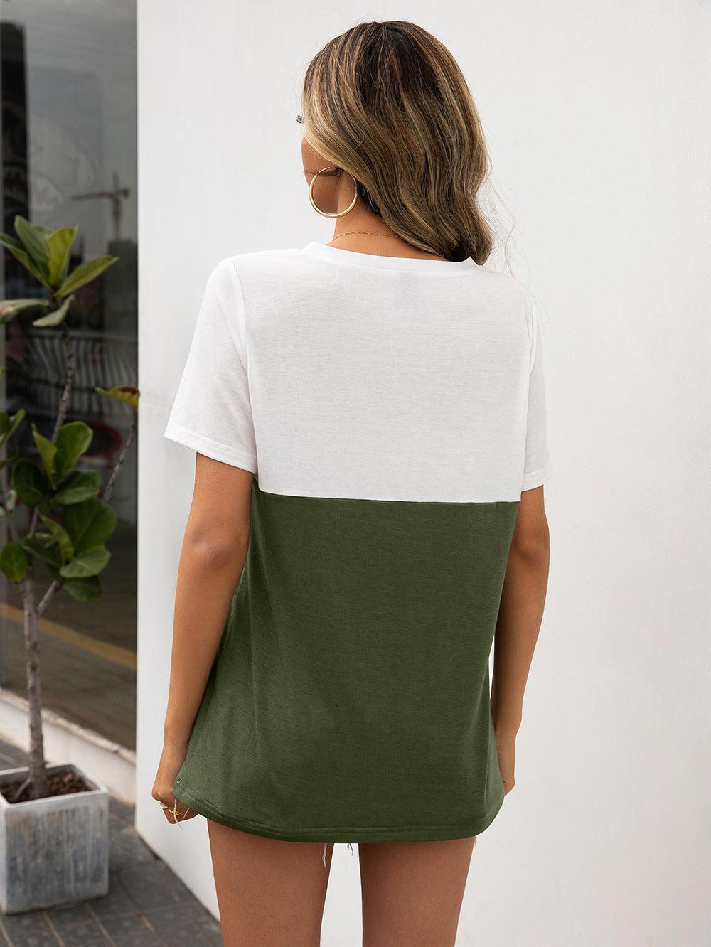 Easy V Neck Color Block Tee Shirt - MXSTUDIO.COM