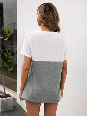 Easy V Neck Color Block Tee Shirt - MXSTUDIO.COM