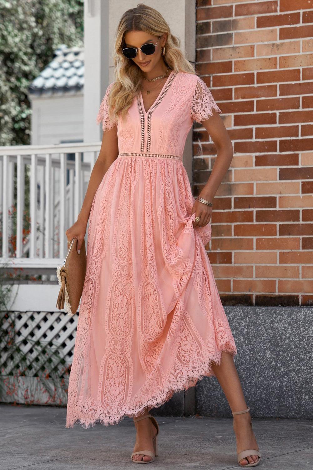 Easy on the Eye Lace Scalloped Trim Plunge Dress - MXSTUDIO.COM