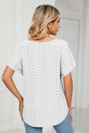 Easygoing Eyelet Tie Neck Short Sleeve Blouse - MXSTUDIO.COM