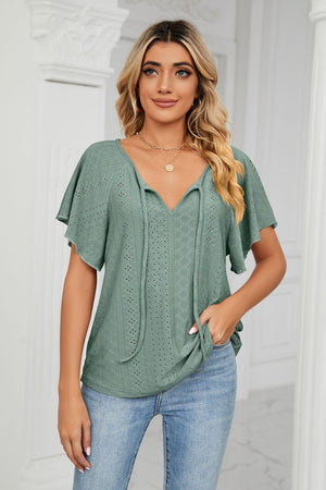 Easygoing Eyelet Tie Neck Short Sleeve Blouse - MXSTUDIO.COM