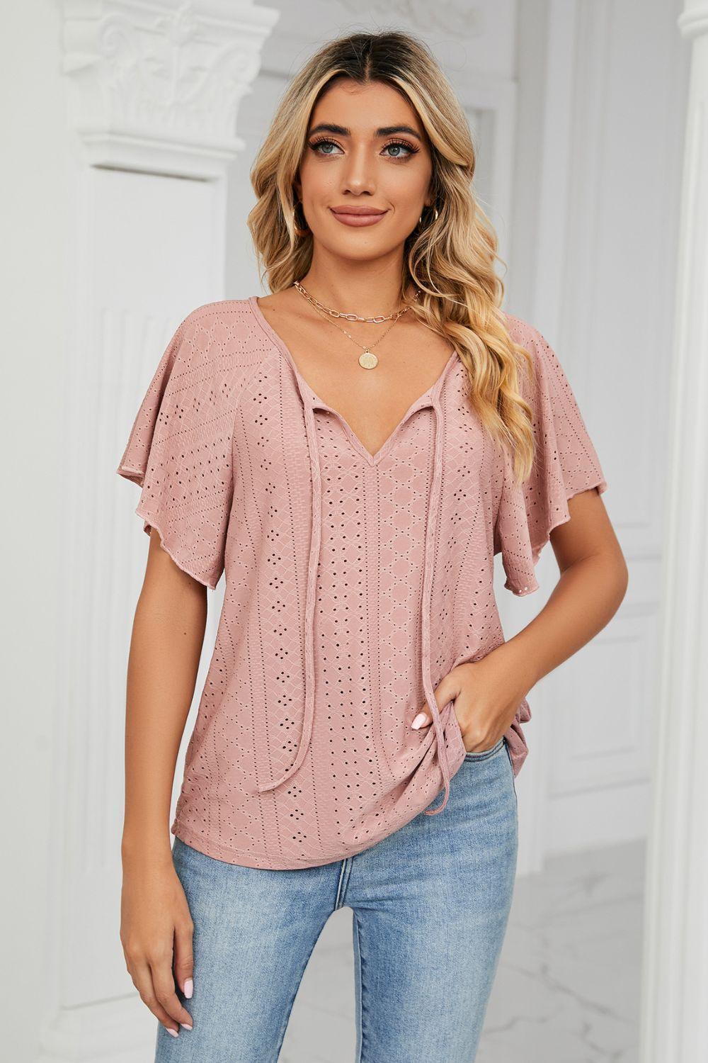 Easygoing Eyelet Tie Neck Short Sleeve Blouse - MXSTUDIO.COM