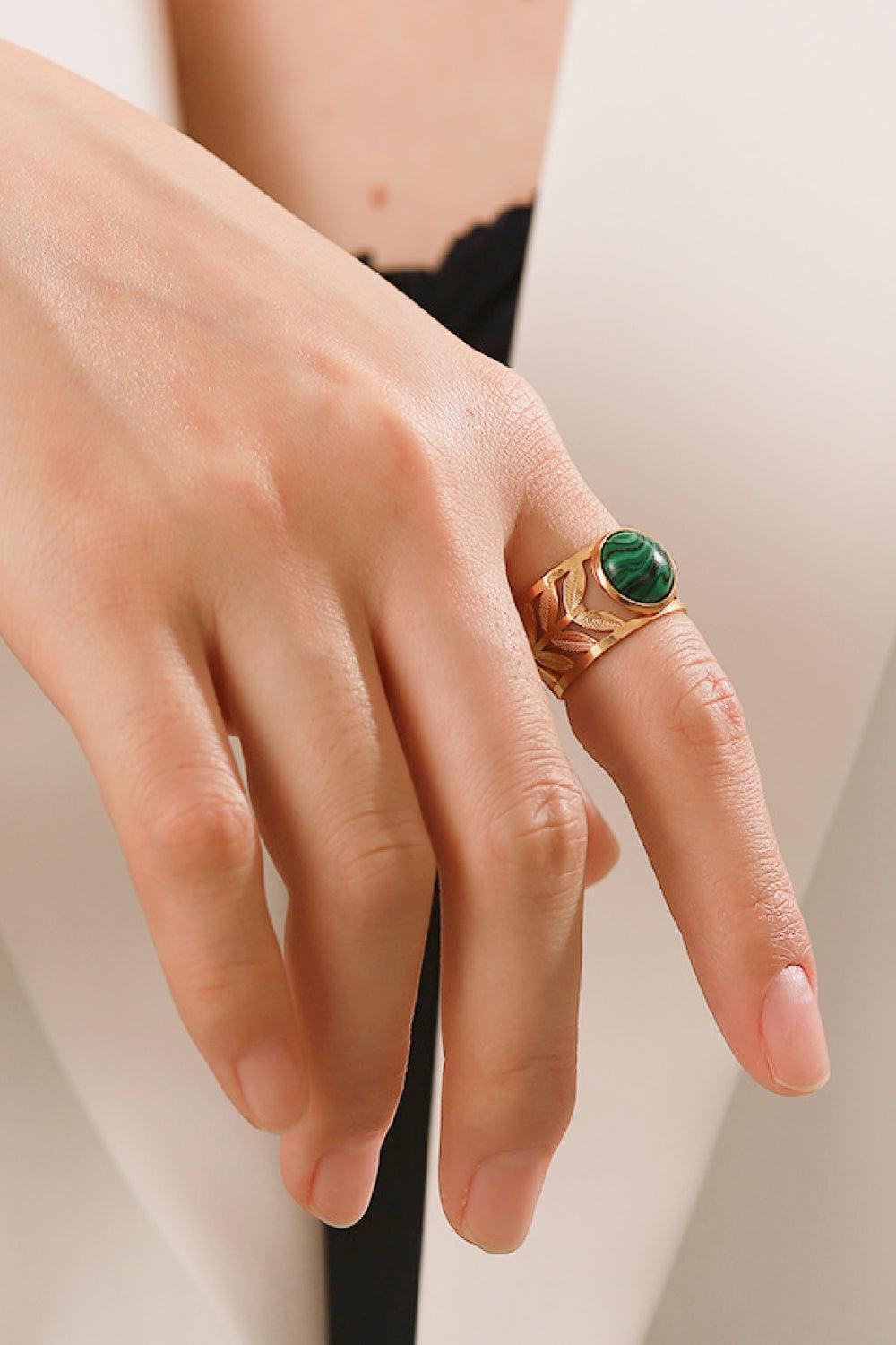 18k Gold Plated Malachite Leaf Ring - MXSTUDIO.COM