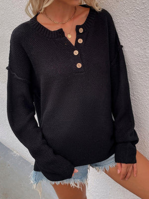 Edgy Knit Quarter Button Sweater - MXSTUDIO.COM