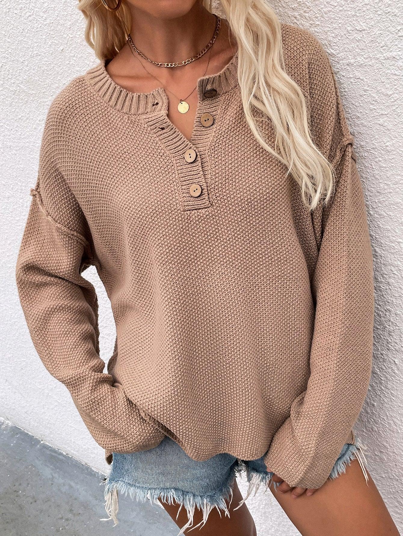 Edgy Knit Quarter Button Sweater - MXSTUDIO.COM