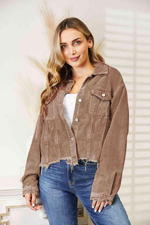 Edgy Warmth Buttoned Raw Hem Denim Jacket-MXSTUDIO.COM