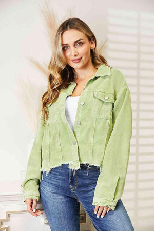 Edgy Warmth Buttoned Raw Hem Denim Jacket-MXSTUDIO.COM