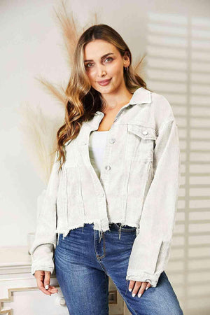 Edgy Warmth Buttoned Raw Hem Denim Jacket-MXSTUDIO.COM