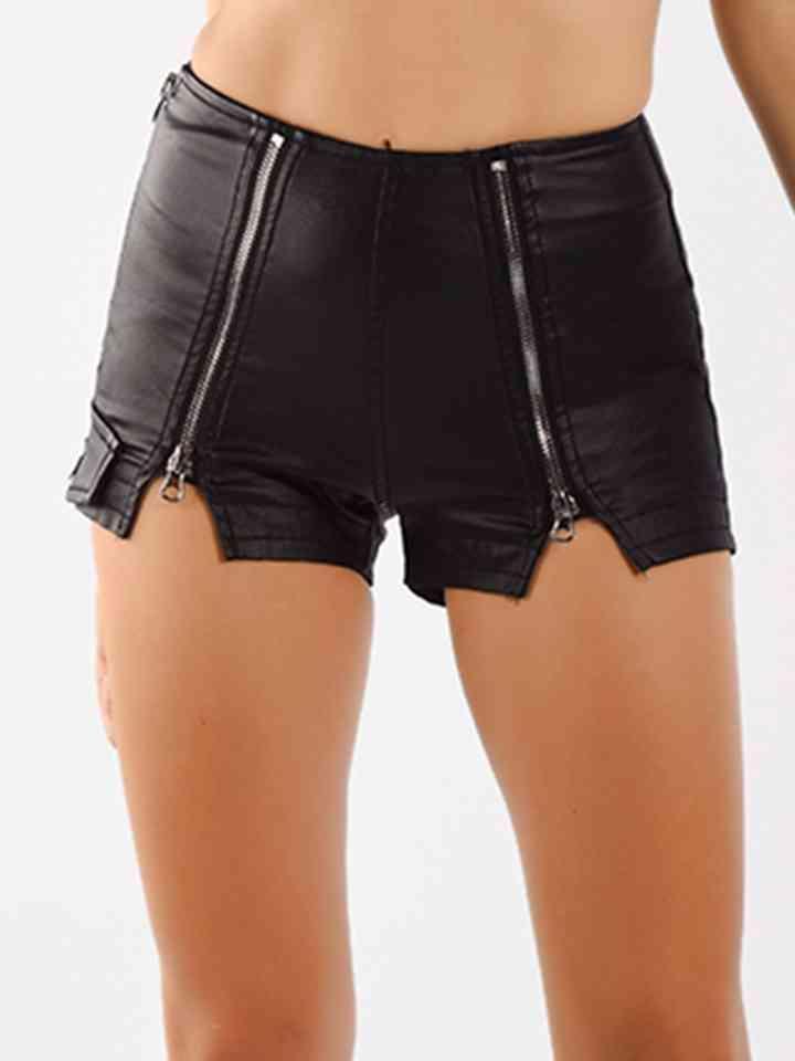 Edgy Zip-Up Slit Faux Leather Shorts - MXSTUDIO.COM