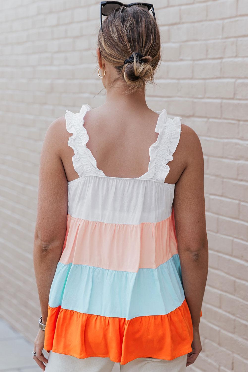 Effervescent Ruffle Strap Color Block Tank Top - MXSTUDIO.COM