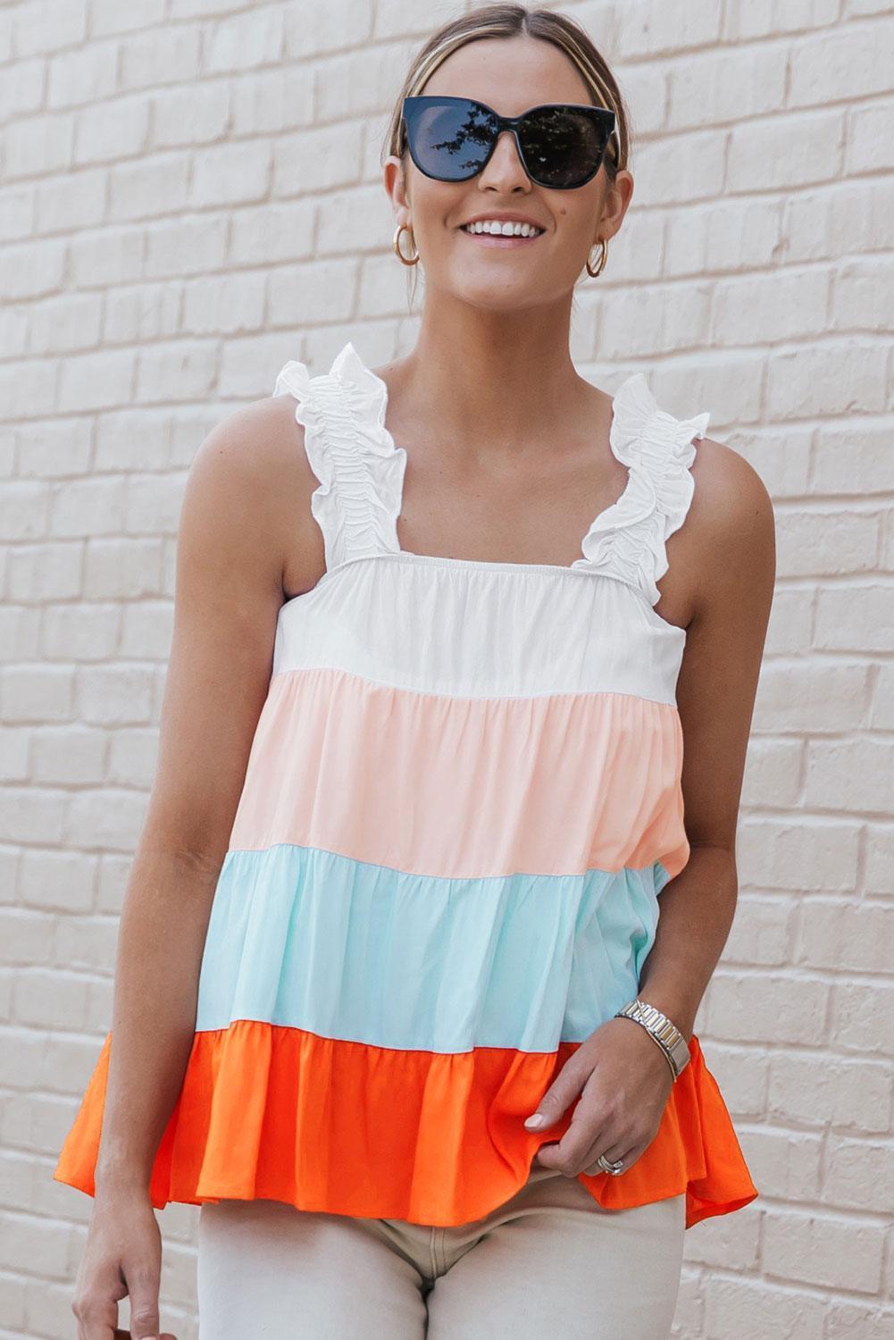 Effervescent Ruffle Strap Color Block Tank Top - MXSTUDIO.COM