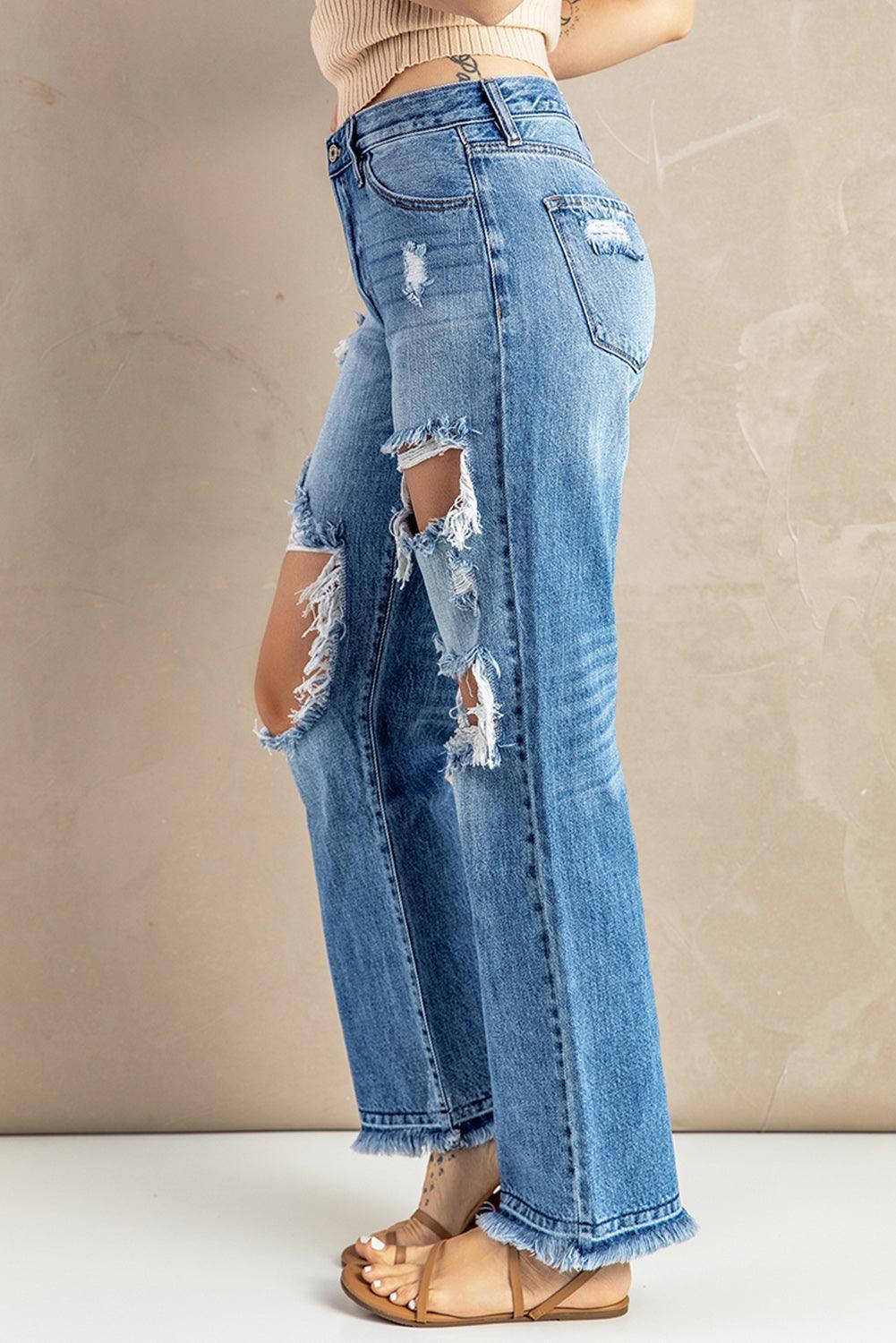 Effortless Distressed Mid Rise Straight Leg Jeans - MXSTUDIO.COM