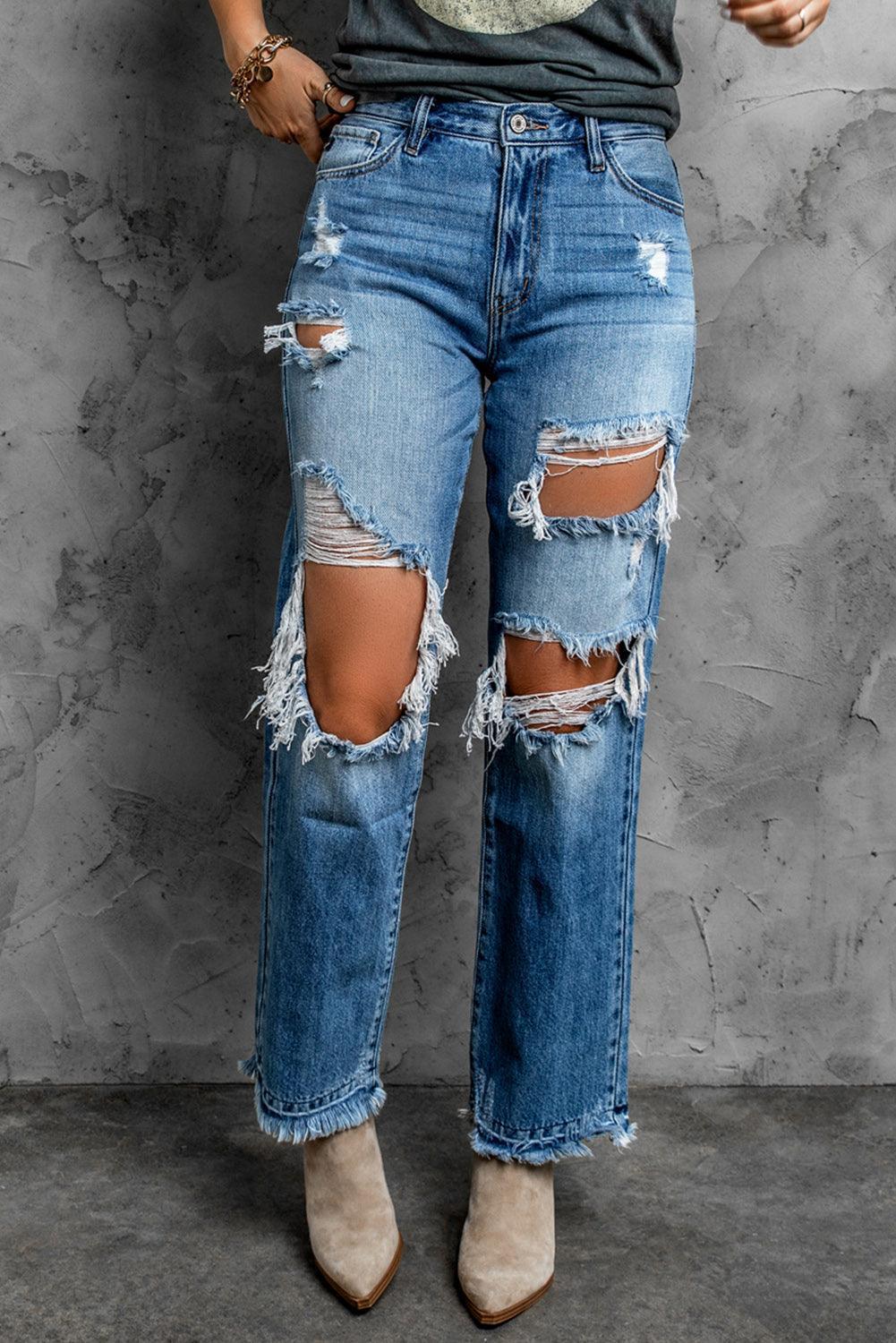 Effortless Distressed Mid Rise Straight Leg Jeans - MXSTUDIO.COM