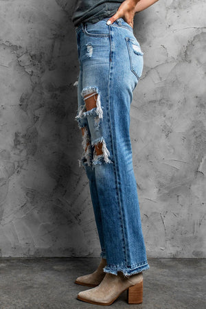 Effortless Distressed Mid Rise Straight Leg Jeans - MXSTUDIO.COM