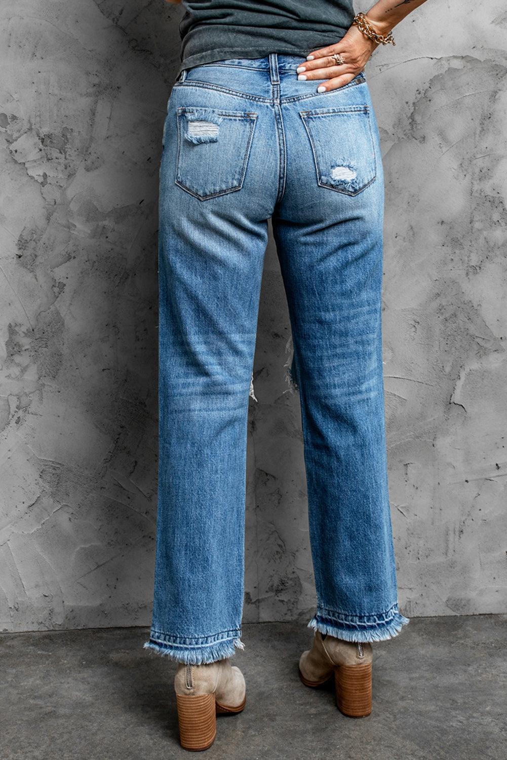 Effortless Distressed Mid Rise Straight Leg Jeans - MXSTUDIO.COM