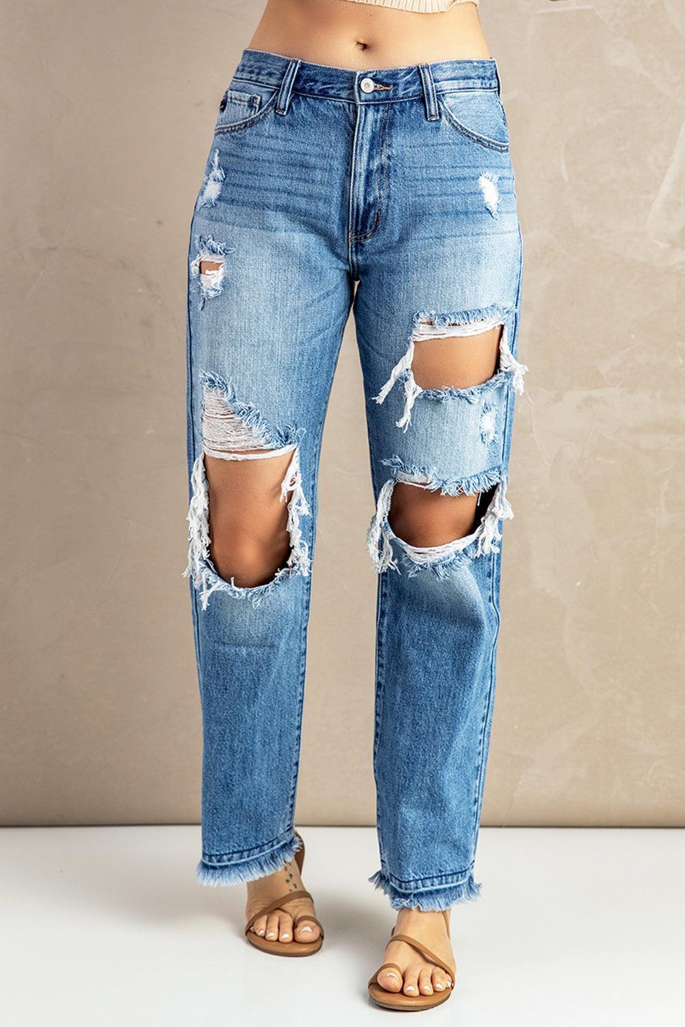 Effortless Distressed Mid Rise Straight Leg Jeans - MXSTUDIO.COM