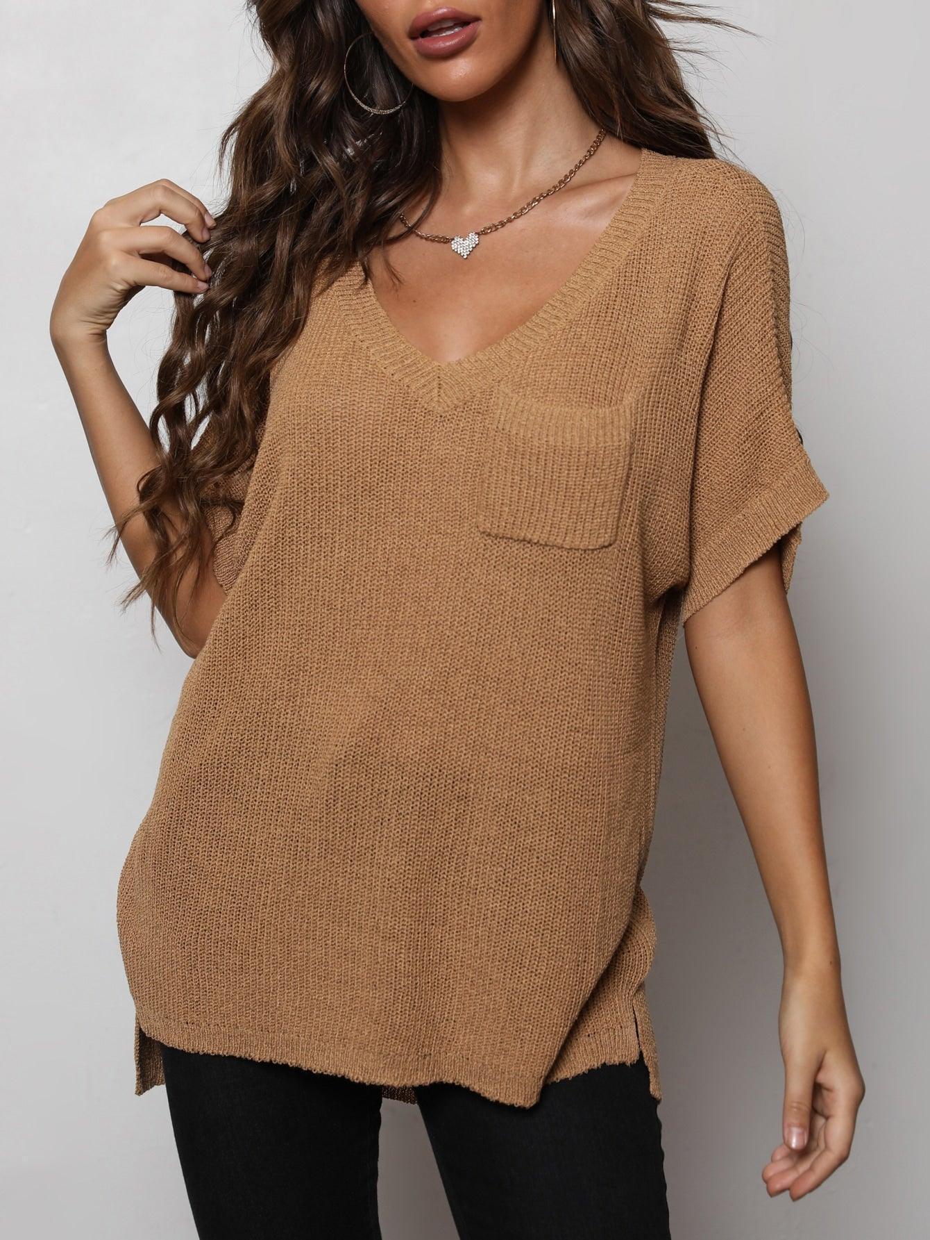 Effortless Knit V-Neck High-Low Tee - MXSTUDIO.COM