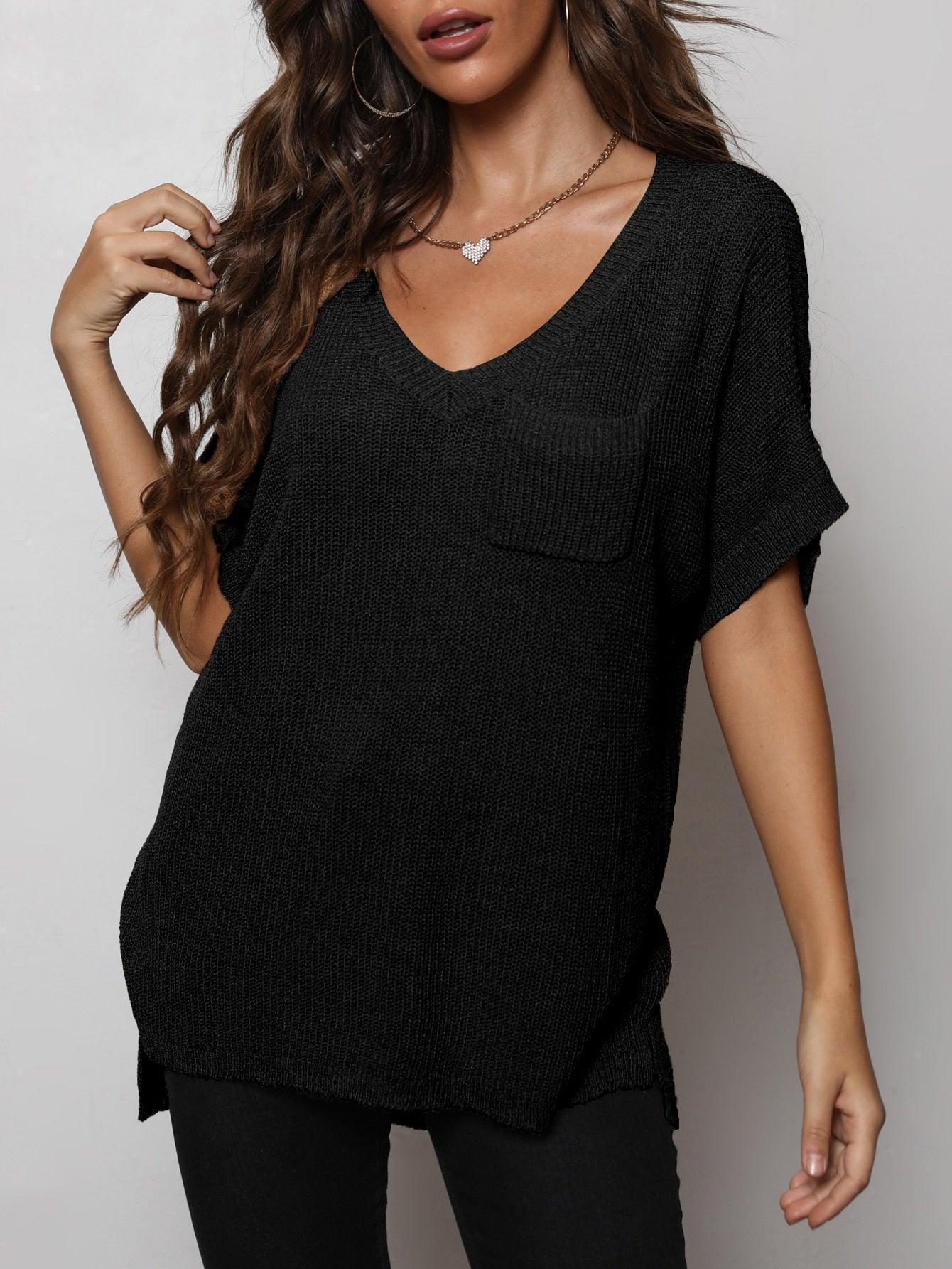 Effortless Knit V-Neck High-Low Tee - MXSTUDIO.COM