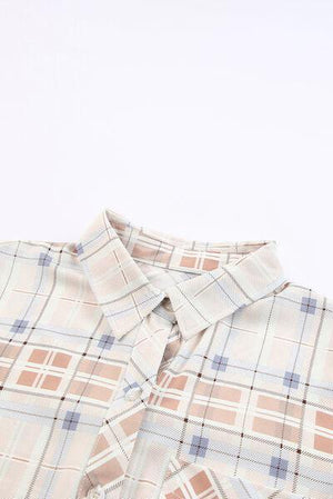 a white shirt with a pink and blue checkered pattern