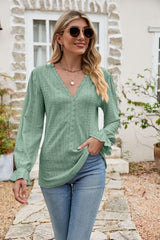 Effortlessly Me V Neck Long Sleeve Eyelet Blouse - MXSTUDIO.COM