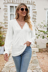 Effortlessly Me V Neck Long Sleeve Eyelet Blouse - MXSTUDIO.COM