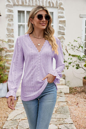 Effortlessly Me V Neck Long Sleeve Eyelet Blouse - MXSTUDIO.COM