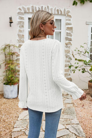 Effortlessly Me V Neck Long Sleeve Eyelet Blouse - MXSTUDIO.COM