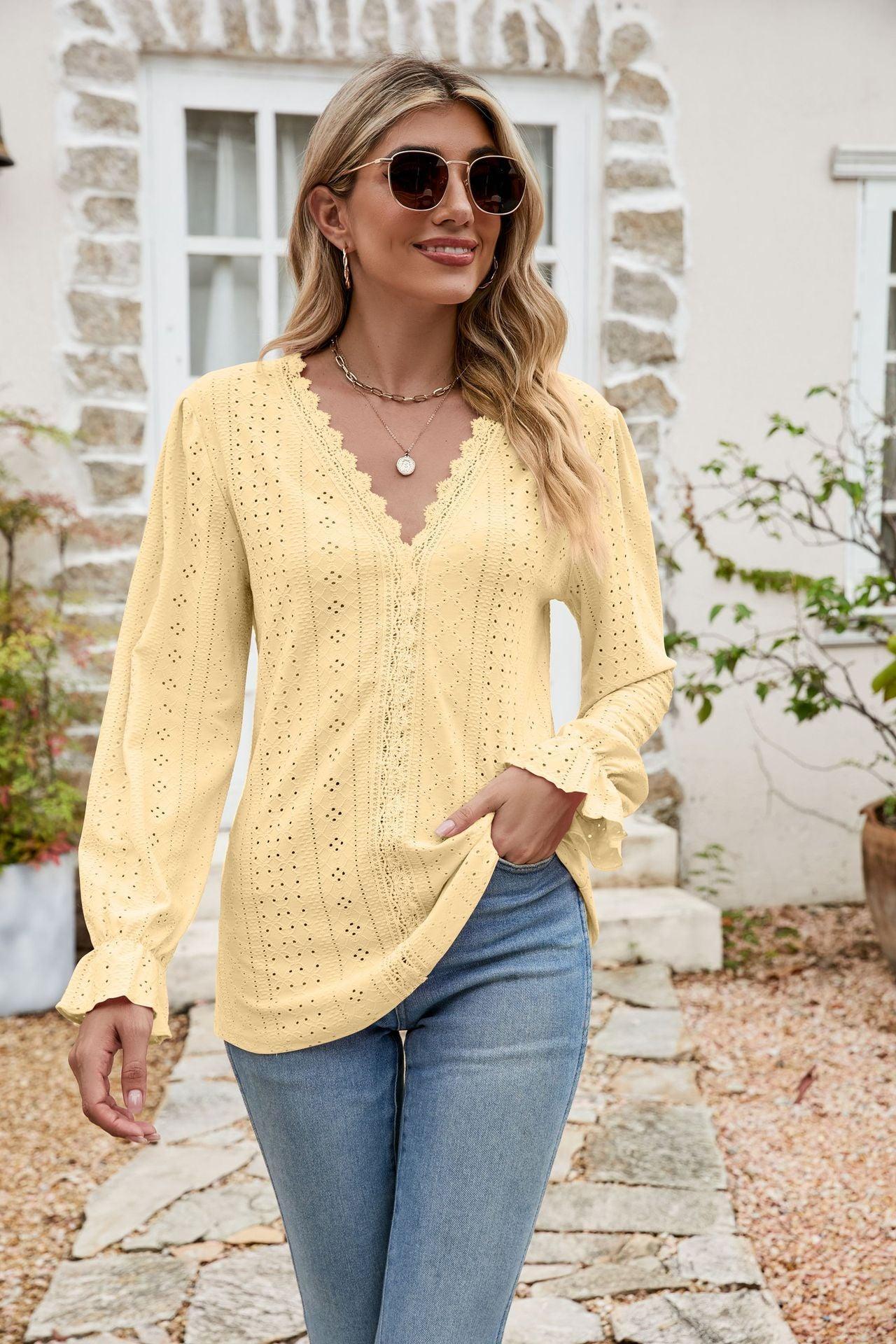 Effortlessly Me V Neck Long Sleeve Eyelet Blouse - MXSTUDIO.COM