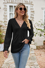 Effortlessly Me V Neck Long Sleeve Eyelet Blouse - MXSTUDIO.COM