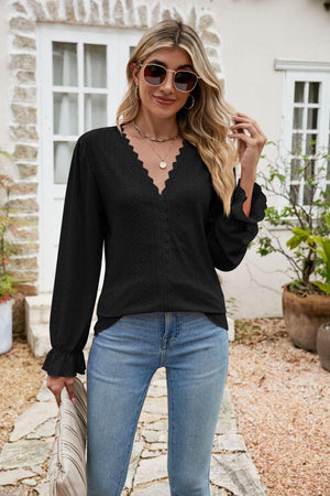 Effortlessly Me V Neck Long Sleeve Eyelet Blouse - MXSTUDIO.COM